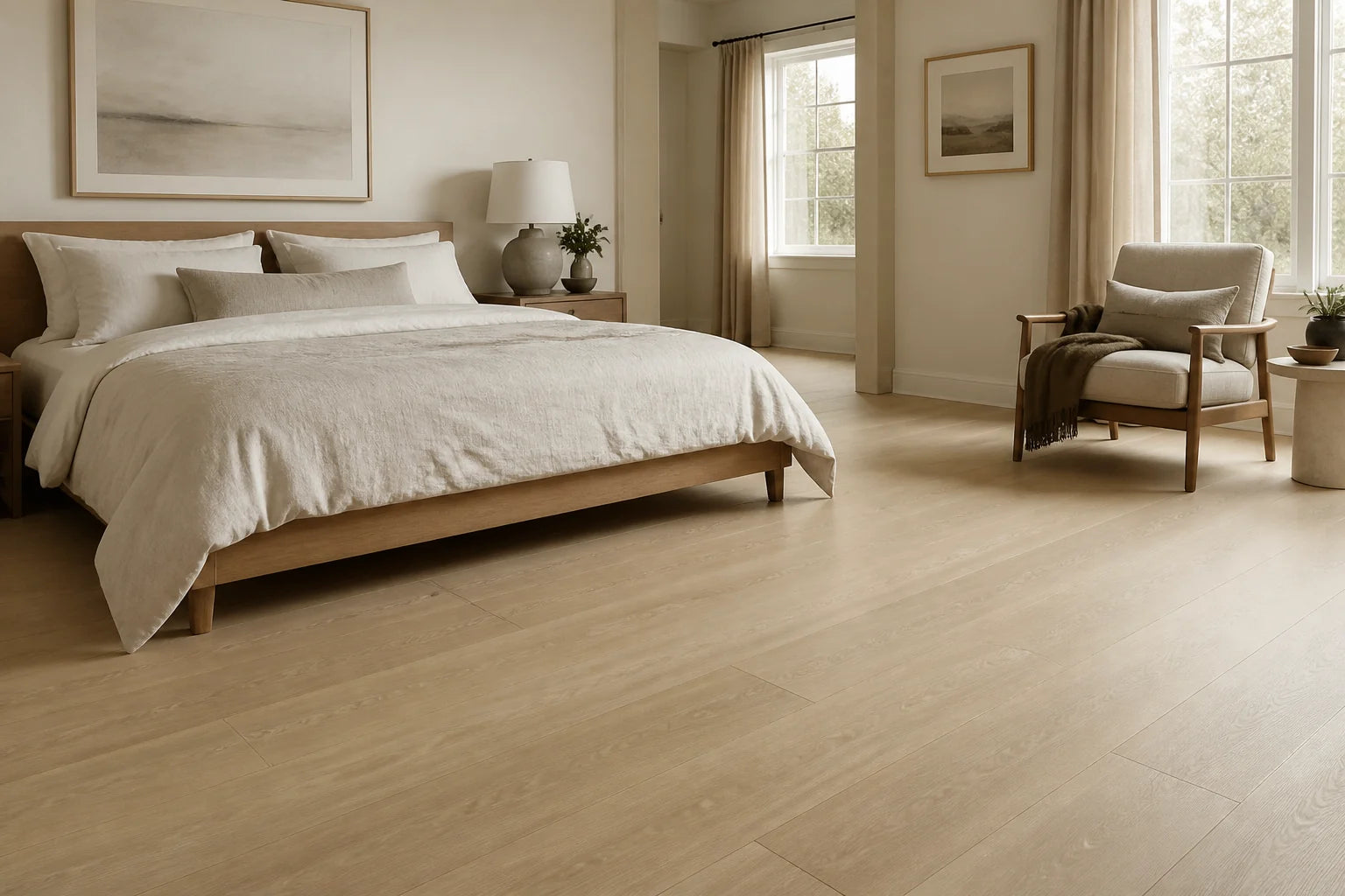 Bedroom suite with warm oak matte wood flooring