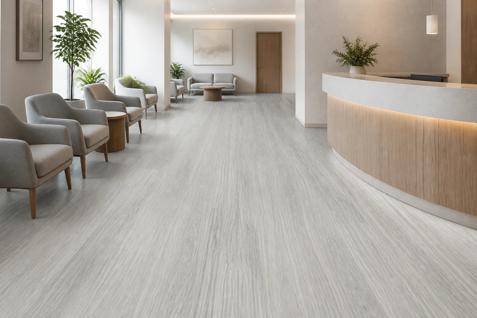 Clinic waiting area with light grey matte wood flooring
