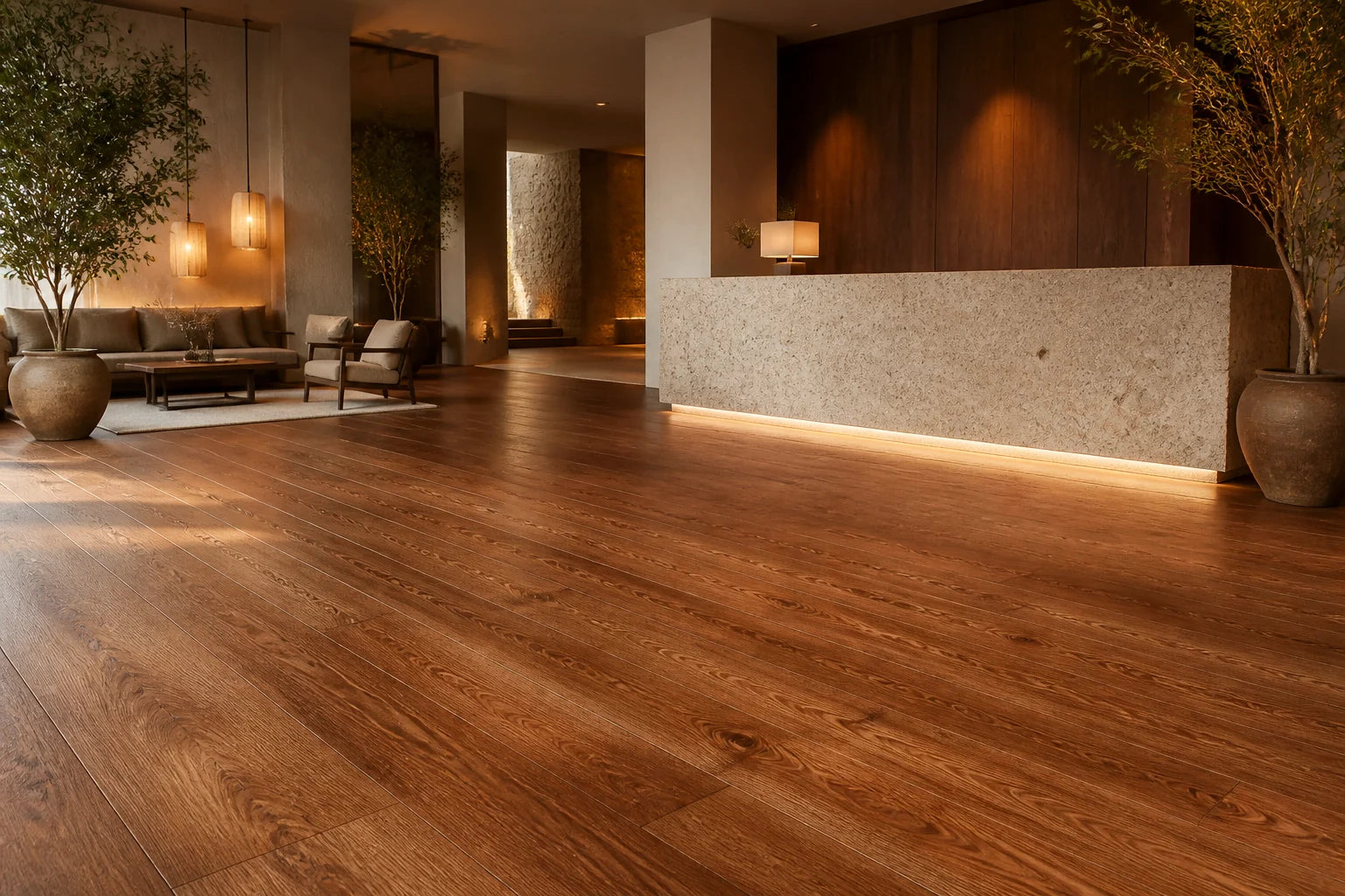 Boutique hotel lobby with red brown matte wood flooring