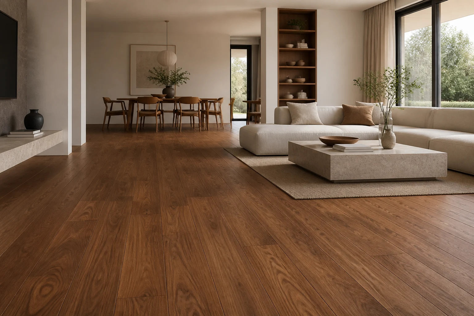 Modern living room with matte walnut wood flooring