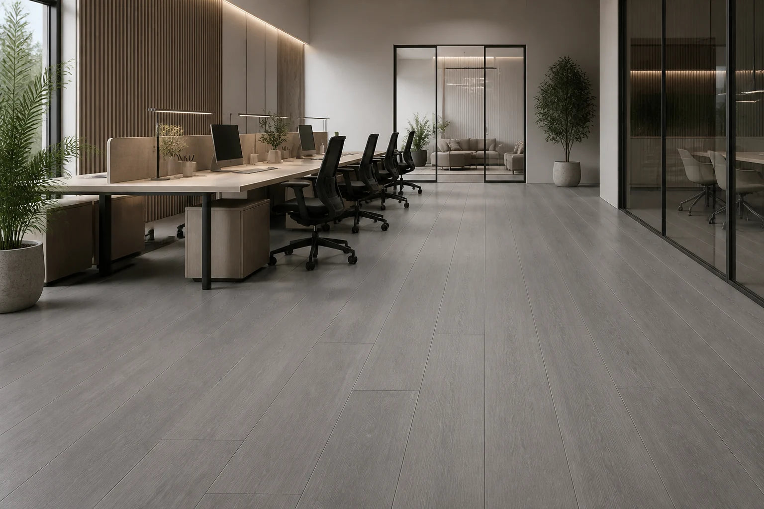 Modern office with grey matte wood flooring