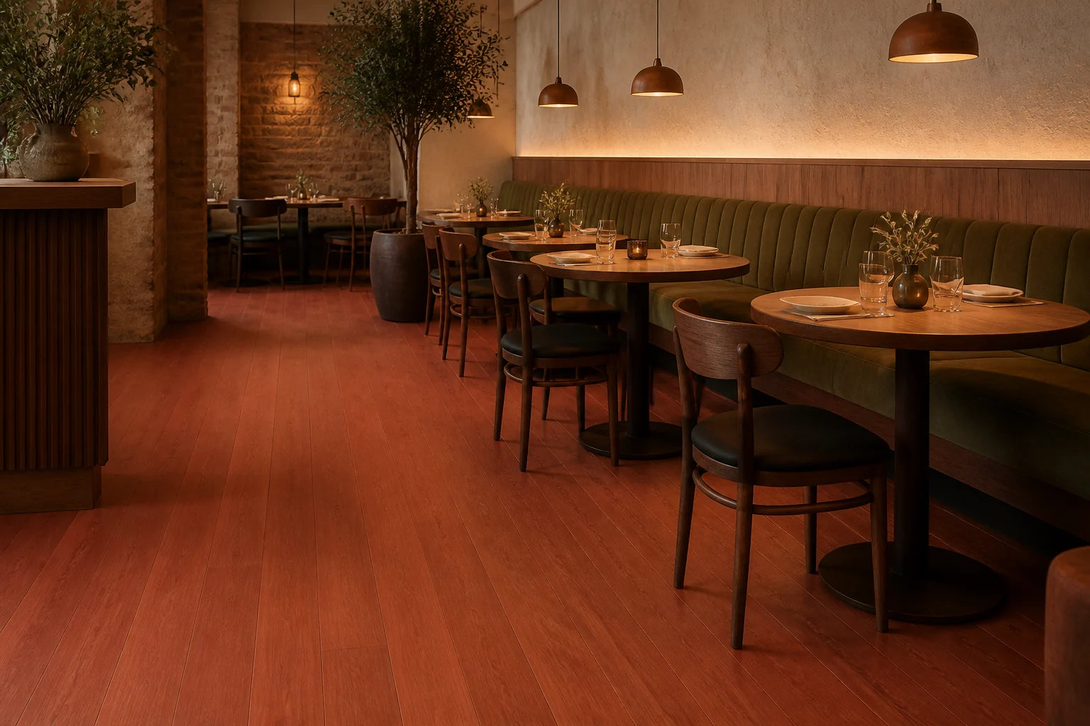 Restaurant interior with red brown matte wood flooring