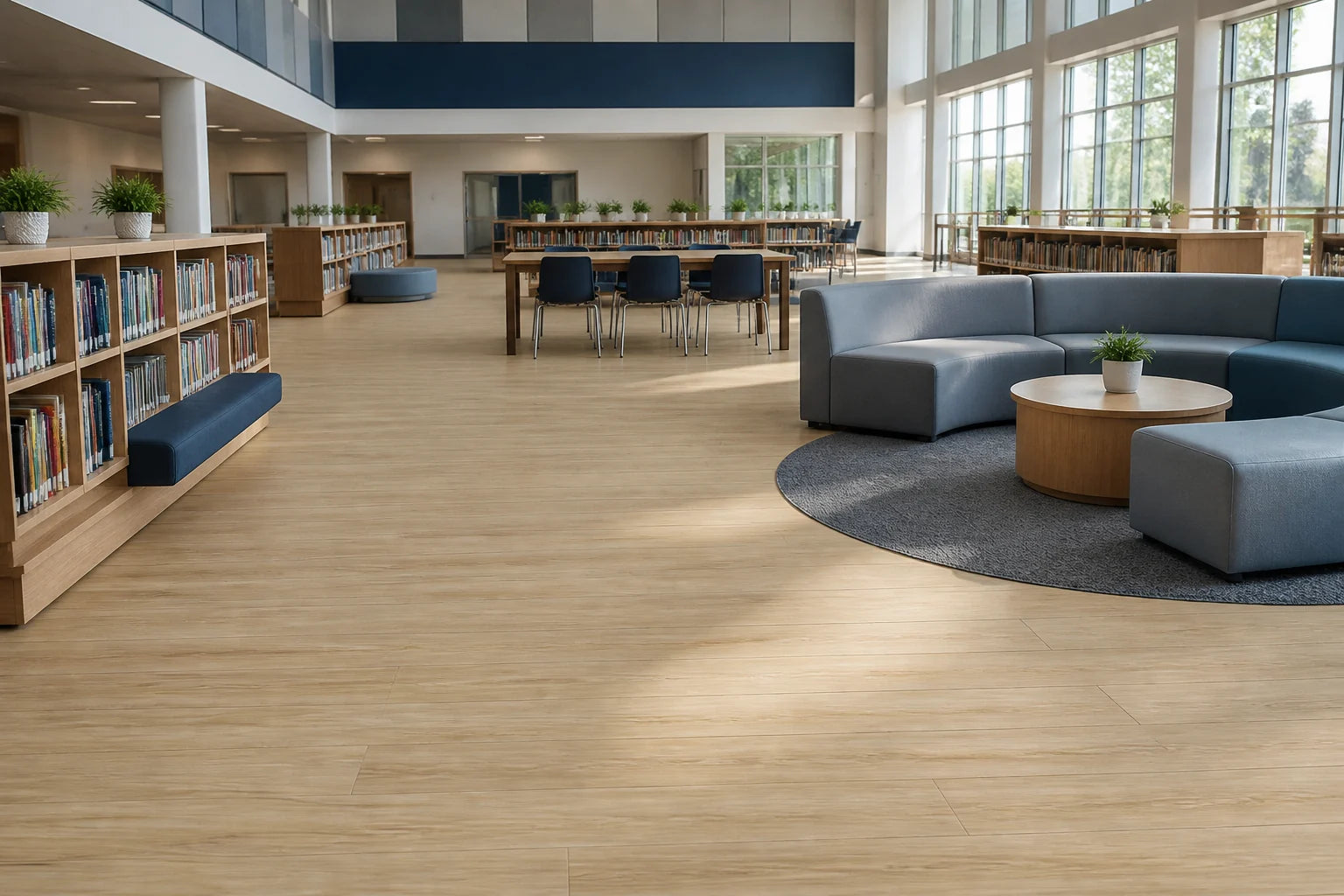 School library with light oak matte wood flooring
