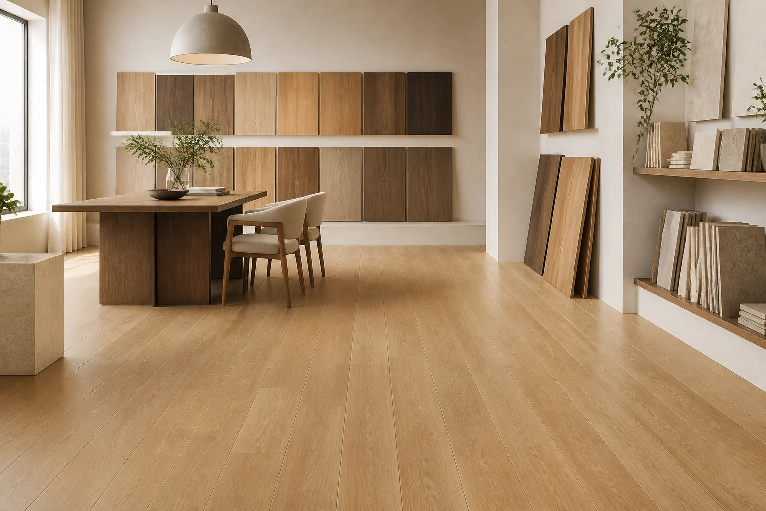 Flooring showroom with warm oak matte flooring and sample wall